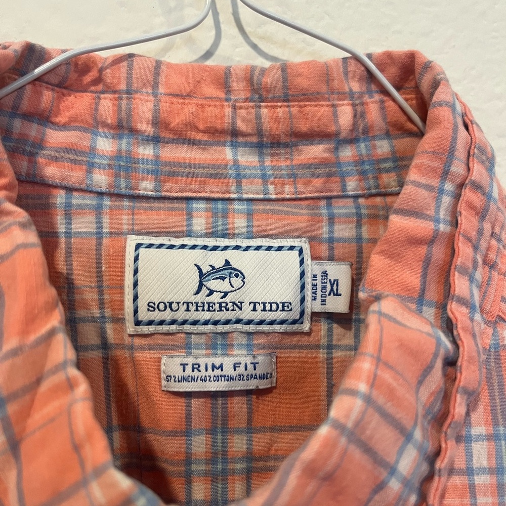 Southern Tide Long Sleeve Men’s Button Down Pink Plaid Linen Blend Trim Fit EUC - Picture 2 of 5